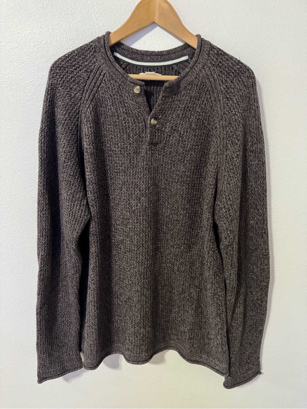 Carbon2Cobalt Bergen Marled Henley Knit Sweater Brown Rolled Edge Cotton-Large